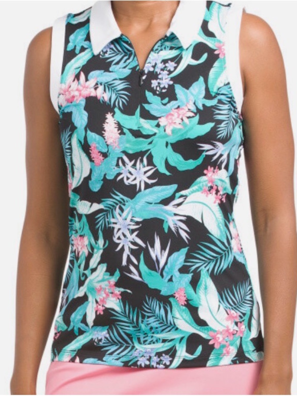 Tommy Bahama Sleeveless Tropical Print Polo Tank Golf Shirt - Black, Teal & Pink